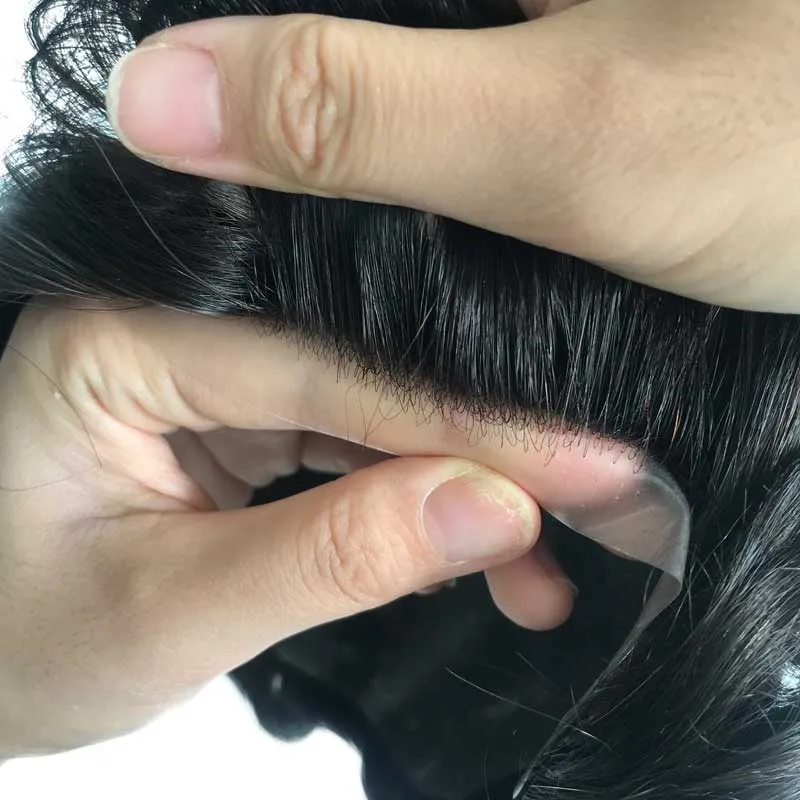 Full PU Men Toupee With 0.08 0.10 Knotted Thin Skin Base	