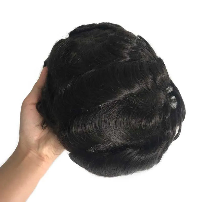 Full PU Men Toupee With 0.08 0.10 Knotted Thin Skin Base	