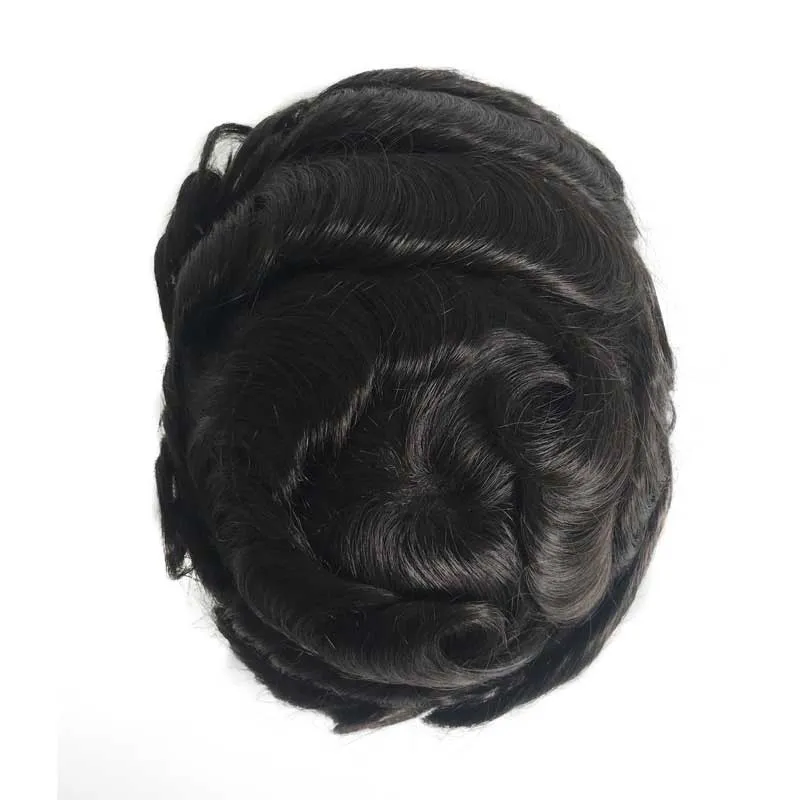 Full PU Men Toupee With 0.08 0.10 Knotted Thin Skin Base	