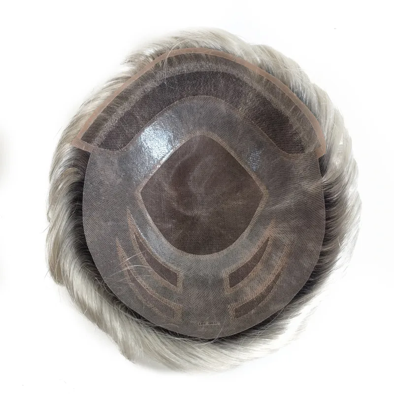 Black Ombre Grey Human Hair Mono Men Toupee with Swiss Lace Front