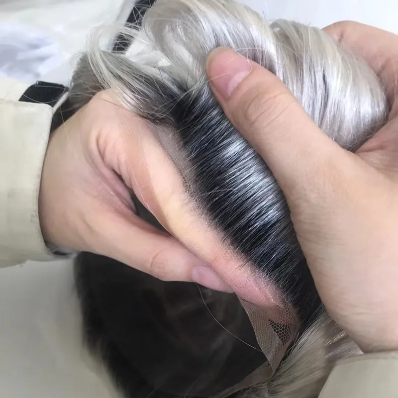 Black Ombre Grey Human Hair Mono Men Toupee with Swiss Lace Front Black Ombre Grey Human Hair Mono Men Toupee with Swiss Lace Front