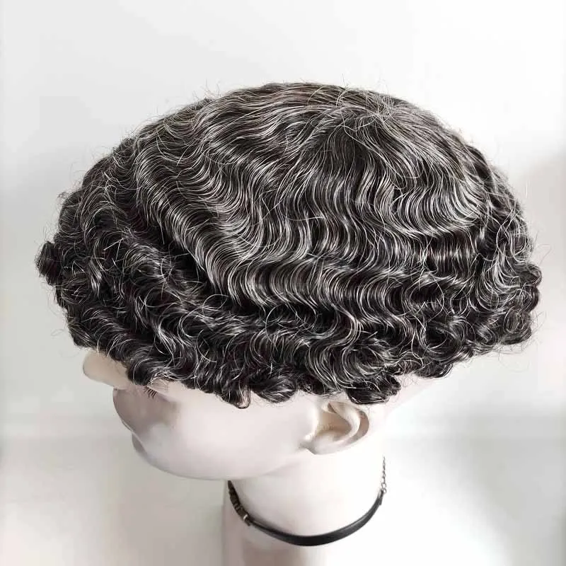 Afro Wave Grey Hair Men Toupee With Full Pu Skin Base Human Hair