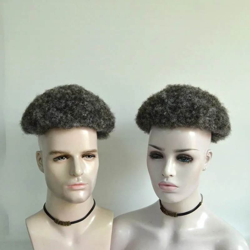 Afro Curl Full Pu Skin Grey Hair Human Hair Men Toupee
