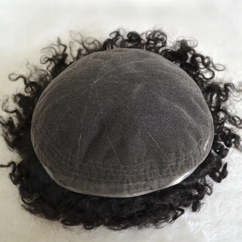 Human Hair Full Swiss Lace 10mm 1B Color Afro Wave Toupee	
