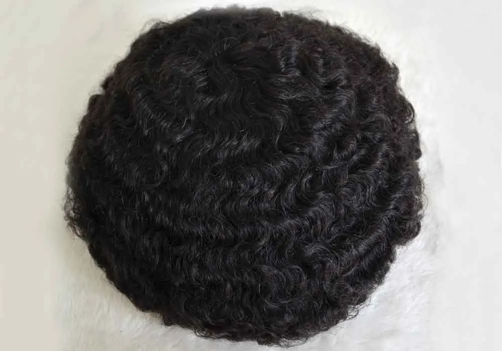 Human Hair Full Swiss Lace 10mm 1B Color Afro Wave Toupee	
