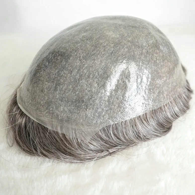 Full PU Thin Skin Human Hair Men Toupee with Grey Hair