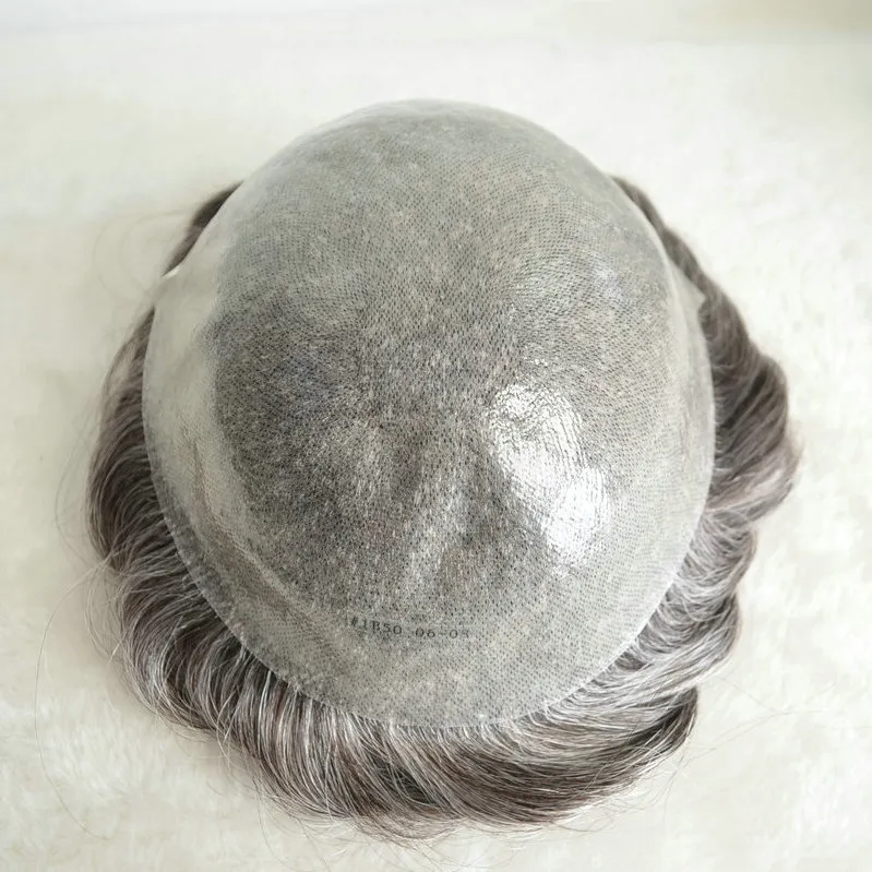 Full PU Thin Skin Human Hair Men Toupee with Grey Hair Full PU Thin Skin Human Hair Men Toupee with Grey Hair