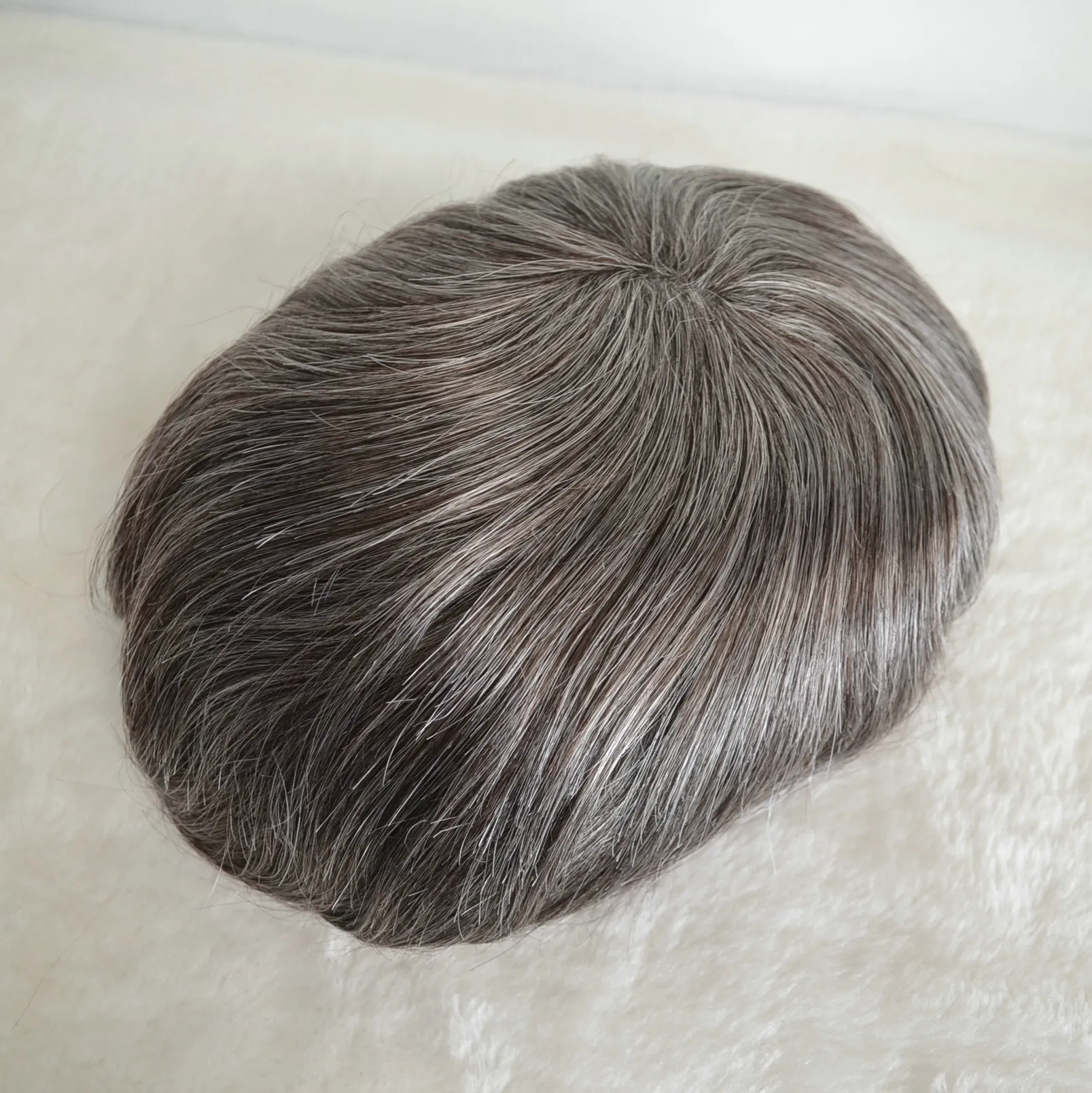 Full PU Thin Skin Human Hair Men Toupee with Grey Hair Full PU Thin Skin Human Hair Men Toupee with Grey Hair